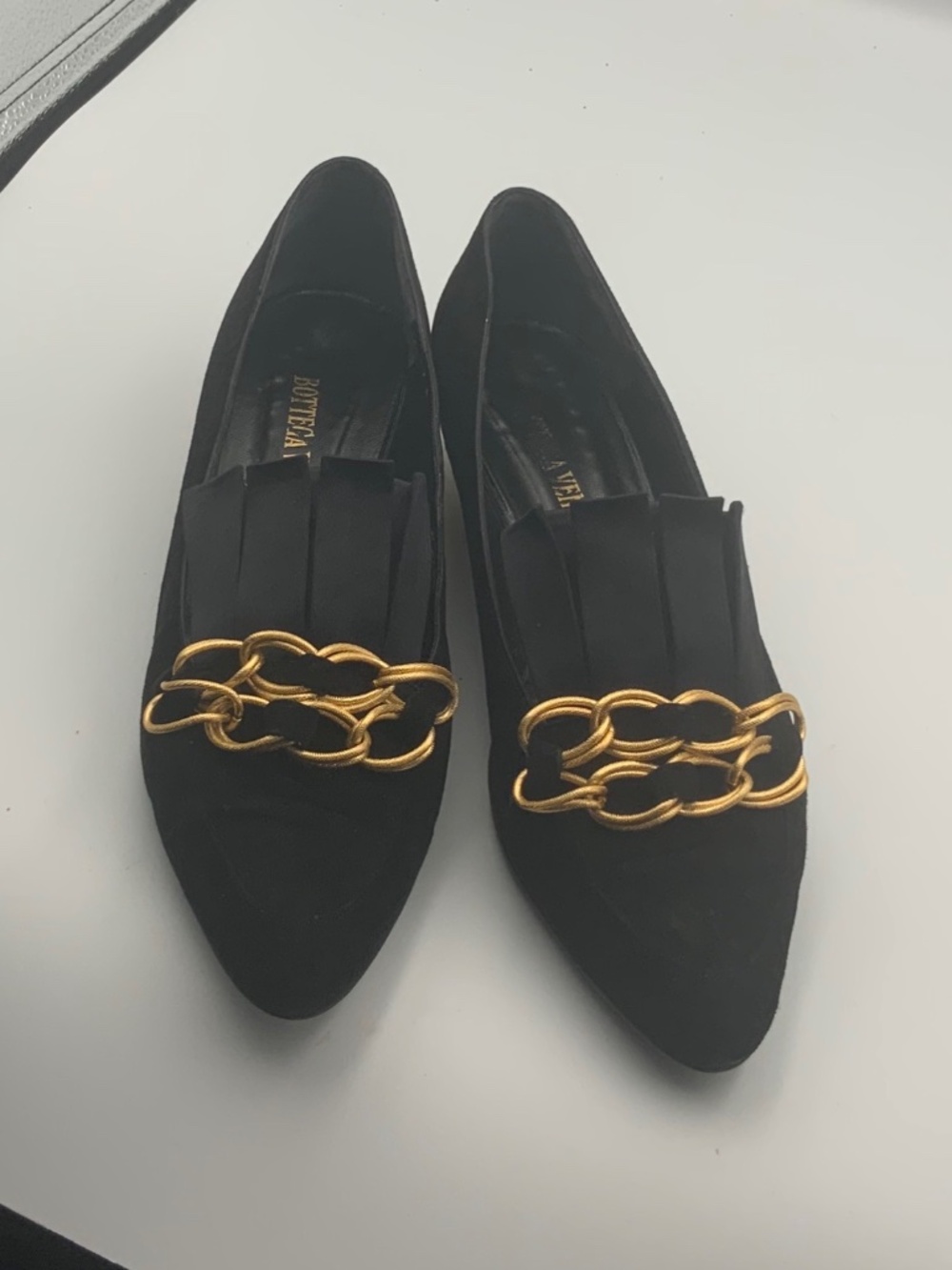 Bottega Veneta Black Suede Loafers with Gold Chain Detail